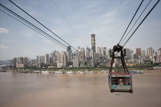 Skyline and Approaching Cable Car, Chongqing, China
