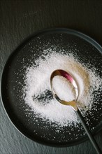 Salt and Spoon in Dish, High Angle View