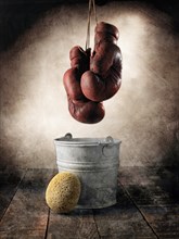 Boxing Gloves Hanging Over Bucket and Sponge