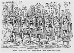Roman Soldiers Passing over a Bridge of Boats, From the Antonine Column, Illustration from John Cassell's Illustrated History of England, Vol. I from the earliest period to the reign of Edward the Fou...
