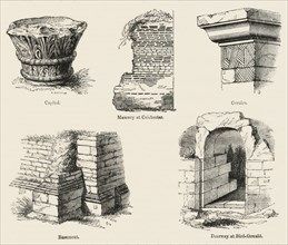 Ancient Architectural Details, Capital, Masonry at Colchester, Cornice, Basement, Doorway at Bird-Oswald, Illustration from John Cassell's Illustrated History of England, Vol. I from the earliest peri...