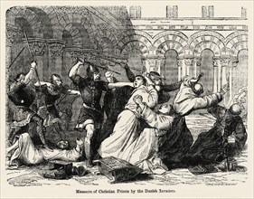 Massacre of Christian Priests by the Danish Invaders, Illustration from John Cassell's Illustrated History of England, Vol. I from the earliest period to the reign of Edward the Fourth, Cassell, Pette...