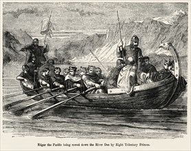 Edgar the Pacific being rowed down the River Dee by Eight Tributary Princes, Illustration from John Cassell's Illustrated History of England, Vol. I from the earliest period to the reign of Edward the...