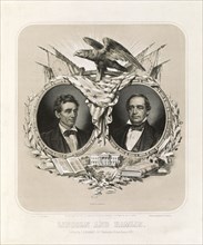 Lincoln and Hamlin, U.S. Presidential Campaign Banner for Republican Candidates Abraham Lincoln and Hannibal Hamlin, Head and Shoulders Portraits in Oval Frames Draped with American Flag and also Feat...