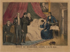 Death of Harrison, April 4 A.D. 1841, U.S. President William Henry Harrison on his Deathbed with family, Reverend Hawley,  Secretary of Treasury Thomas Ewing, Secretary of State Daniel Webster and Pos...