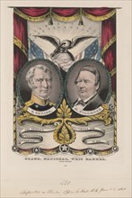 Grand, National, Whig Banner, Press Onward, Campaign Banner for Whig Candidates in the U.S. Presidential Election of 1848, Zachary Taylor and Vice Presidential Nominee Millard Fillmore, Lithograph, Na...