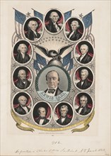 Portrait of Lewis Cass, Democratic Candidate for 12th president, Surrounded by Portraits of Previous U.S. Presidents, Campaign Banner, Lithograph, Nathaniel Currier, 1848