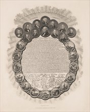 Declaration of Independence, in Congress July 4th 1776, Text and Signatures within Wreath of Portraits of First Twelve U.S. Presidents and Scenes Representing Thirteen Colonies, Engraved by Geo. G. Sm...