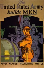 Soldier Standing in Front of Three Men Symbolizing Crafts, Character, and Physique, "The United States Army Builds Men, Apply Nearest Recruiting Office", U.S. Army Recruitment Poster, Herbert Andrew P...