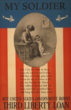 U.S Government Bonds Poster, "My Solder, Buy United States Government Bonds, Third Liberty Loan, Mother and Child Praying with Portrait of Soldier on Wall, H.H. Green, Lithograph, 1917