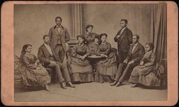 Group Portrait of Fisk University Jubilee Singers, with (from l. to r.) Minnie Tate, Greene Evans, Isaac Dickerson, Jennie Jackson, Maggie Porter, Ella Sheppard, Thomas Rutling, Benjamin Holmes, and E...