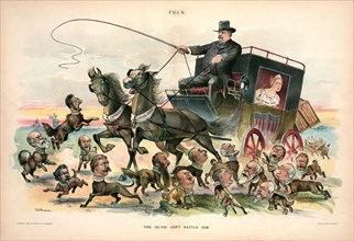 Political Cartoon Featuring U.S. President Grover Cleveland driving a Stagecoach, The "Ki-yis" Can't Rattle Him, Drawn by J.S. Pughe, Lithograph by J. Ottoman Lith. Co., Puck Magazine, Keppler & Schwa...