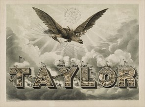 Campaign Print for Whig Presidential Candidate Zachary Taylor showing Bald Eagle Holding Cluster of Thunderbolts in one Talon and Olive Branch in the other as it Descends toward the name "Taylor", whi...