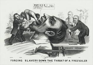 "Forcing Slavery Down the Throat of a Freesoiler", Political Cartoon, J.L. Magee, Philadelphia, Pennsylvania, 1856