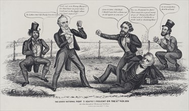 The Grand National Fight 2 against 1 Fought on the 6th Nov. 1856 for One Hundred Thousand Dollars, Political Cartoon, J. Childs, Philadelphia, Pennsylvania, 1856