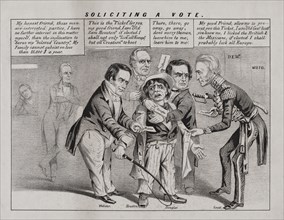 "Soliciting a Vote", Political Cartoon during U.S. Presidential Campaign Featuring Stephen Douglas, Sam Houston, Winfield Scott, Daniel Webster,  Lithograph, John L. Magee, 1852