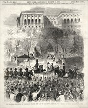 The inaugural procession at Washington passing the gate of the Capitol grounds - from a sketch by our special artist, Engraving, Harper's Weekly, March 16, 1861