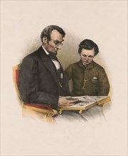 Abraham Lincoln and his son Thad, Lithograph created from a Photograph by Anthony Berger, Published by L. Prang, Boston, Mass., 1864