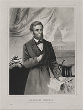 Abraham Lincoln, Three-Quarter Length Portrait with Hand on Emancipation Proclamation, Published by John H. Bufford, 1862