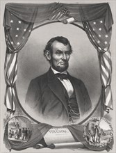 Abraham Lincoln, Head and Shoulders Portrait, with Vignettes Showing Slave Auction, and Emancipated Slaves, Sheet of Paper Labeled "Proclamation of Freedom.", Published by J. Gibson, 1865