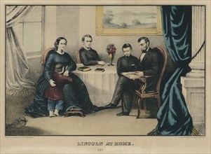 Lincoln at Home, Portrait of Abraham Lincoln with Wife Mary Todd Lincoln (sitting at left) and sons Thomas (standing with Mary), Robert (sitting center) and William (standing at right with Lincoln), L...