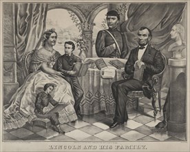 Lincoln and his Family, Portrait of Abraham Lincoln with Wife Mary Todd Lincoln (sitting at left) and sons Willie (standing with Mary), Robert (standing center) and Thomas (sitting at left), Lithograp...