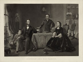 Lincoln and his Family, Portrait of Abraham Lincoln with Wife Mary Todd Lincoln (sitting at right) and Sons Robert (standing) and Thomas (sitting at left), Engraving by William Sartain from a Painting...