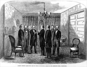 Andrew Johnson taking the oath of office in the Small parlor of Kirkwood House, Washington, April 15, 1865, Illustration, Frank Leslie's Illustrated Newspaper, January 6, 1866