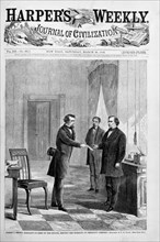 George T. Brown, sergeant-at-arms, serving the summons on President Johnson, Sketch by T.R. Davis, Harper's Weekly, March 28, 1868