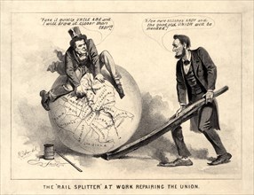 The "Rail Splitter" at Work Repairing the Union", Political Cartoon Featuring U.S. President Abraham Lincoln and Vice President Andrew Johnson, Joseph E. Baker, 1865