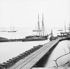 Wharf, Federal Artillery, and Anchored Schooners, Siege of Petersburg, American Civil War, City Point, Virginia, USA, 1864