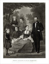 General Grant and his Family, Full-Length Portrait of Ulysses S. Grant standing next to his Wife and four Children, Painted from Life by William Cogswell, Engraving by John Sartain, 1868