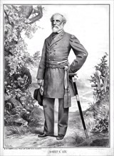 General Robert E. Lee, full-length portrait in Military Uniform, Artwork by Vic Arnold, Lithograph by A.S. Seer's Lithography, 1882