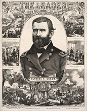 Ulysses S. Grant, Lieutenant-General, USA, Head and Shoulder Portrait, Wearing Military Uniform, with Scenes of Battles from American Civil War, Published by Haasis & Lubrecht, 1866