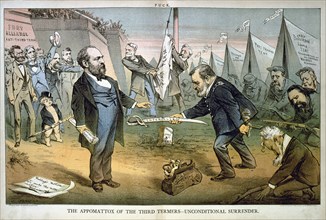 "The Appomattox of Third Termers, Unconditional Surrender", Political Cartoon featuring Ulysses S. Grant and James A. Garfield after Grant's defeat for the Republican Nomination for President, Puck Ma...