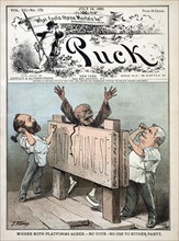 "Where Both Platforms Agree - No Vote - no Use to either Party", Illustration shows James Garfield and Winfield S. Hancock nailing a Chinese man between two "Anti-Chinese" boards labeled "Republican P...