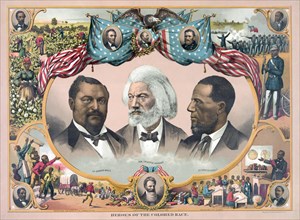"Heroes of the Colored Race", Featuring Blanche Kelso Bruce, Frederick Douglass, and Hiram Rhoades Revels, Chromolithograph, Published by J. Hoover, Philadelphia, 1881