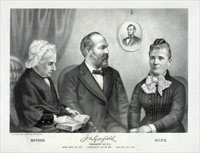 James A. Garfield, President of the United States, Seated Portrait with Mother (left) and Wife (right), Lithograph, Kurz & Allison, 1881