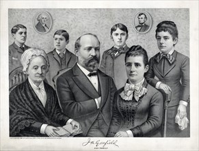 J.A. Garfield and Family, Portrait of U.S. President James A. Garfield Sitting in Parlor with his mother, Eliza, and his wife, Lucretia, and with three sons and daughter standing behind them, Lithogra...