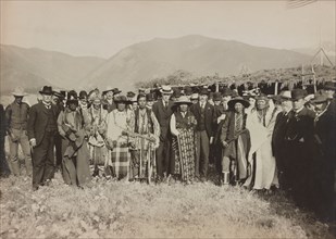 Large Group of Salish American Indians gathered with Secretary of the Interior, James Rudolph Garfield, Flathead Indian Reservation, Montana, USA, Photograph by Edward H. Boos, 1907