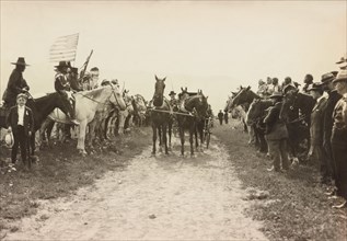 Large Group of Salish American Indians gathered to Watch Secretary of the Interior James Rudolph Garfield in Carriage, Flathead Indian Reservation, Montana, USA, Photograph by Edward H. Boos, 1907