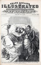 The Attempted Assassination of the President, from a sketch by a staff artist, President Garfield, following assassination attempt, lying in bed during visit from his wife and daughter, Illustration, ...