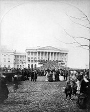 Crowd attending Inauguration of U.S. President Rutherford B. Hayes, Senate Wing of U.S. Capitol Building in Background, Washington DC, USA, Stereograph, March 5, 1877