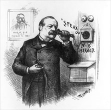 "Speak Out, N.Y. Herald", President-elect Grover Cleveland Holding Telephone Receiver to Ear, with Portrait of President Chester A. Arthur Captioned, "Pres. of U.S. till March 4, 1885", Harper's Weekl...