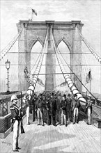 The Great Bridge - President Arthur and his Party Crossing the Suspended Highway, drawn by Schell & Hogan, Harper's Weekly, June 2, 1883