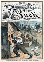 "Shutting the Stable-Door after the Horse is Stolen", Political Cartoon Featuring U.S. President Chester A. Arthur Closing a Door Labeled "Good Administration" to a Stable Labeled "Political Record Ba...