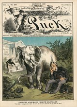 Arthur's Awkward "White Elephant", Political Cartoon Featuring U.S. President Chester A. Arthur Sitting with Large White Elephant Looking like Roscoe Conkling, Puck Magazine, Artwork by Bernhard Gilla...