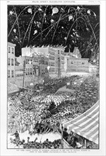 New York. Grand Ovation to Governor Cleveland in the city of Buffalo, October 2d. Scene on Main Street,  From sketches by C. Upham, Frank Leslie's Illustrated Newspaper, October 11, 1884