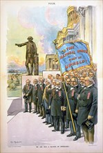 "We are not a Nation of Swindlers!", Political Cartoon of a group of people featuring U.S. Presidents Grover Cleveland, William McKinley, and Benjamin Harrison in foreground, with McKinley holding up ...