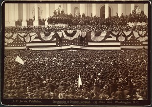 Inauguration of President Cleveland, U.S. President Grover Cleveland Delivering his Inaugural address to crowd, East Portico of U.S. Capitol, Washington DC, USA, Photograph by J.F. Jarvis, March 4, 18...